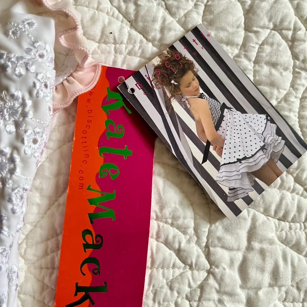 NWT Kate Mack Biscotti White Eyelet One-Piece Swimsuit with Pink Trim
